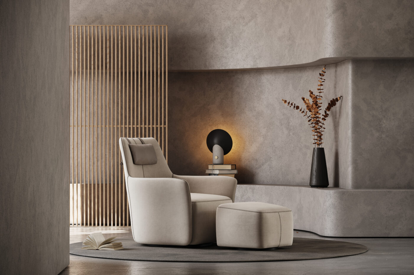 A contemporary armchair paired with an ottoman, set in a well-designed living space with vertical lines.