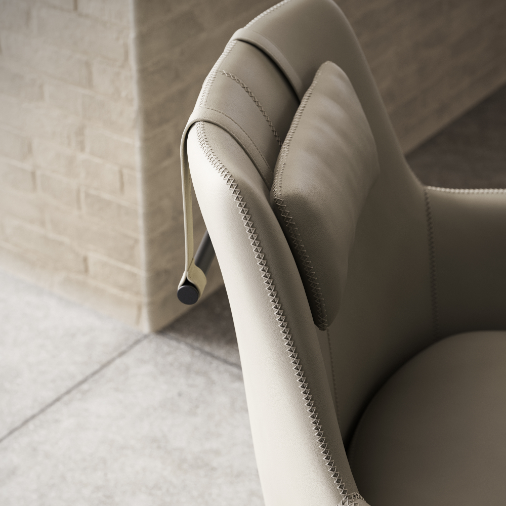 Close-up of an armchair featuring a sleek leather back, showcasing its texture and design details. Perfect for home office.