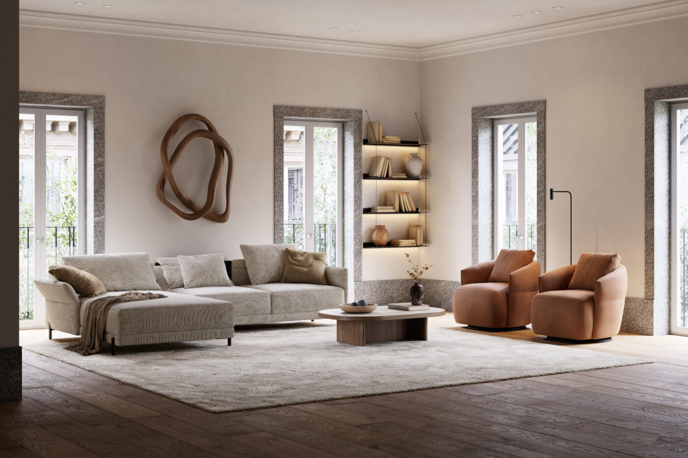 A cosy living room featuring a sofa, two armchairs and a coffee table arranged for relaxation and socialising. Living room trends for 2026