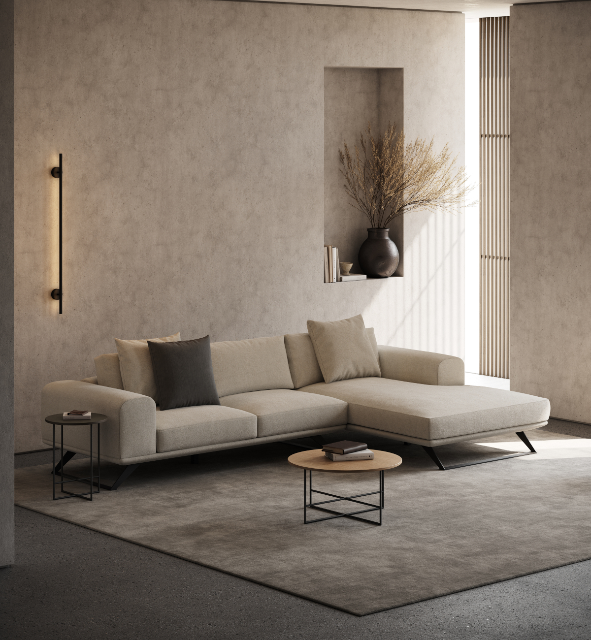 aniston sofa in a living room with inside set A modern living room featuring a stylish sofa and a sleek coffee table, creating a cosy and inviting atmosphere. Negative Space