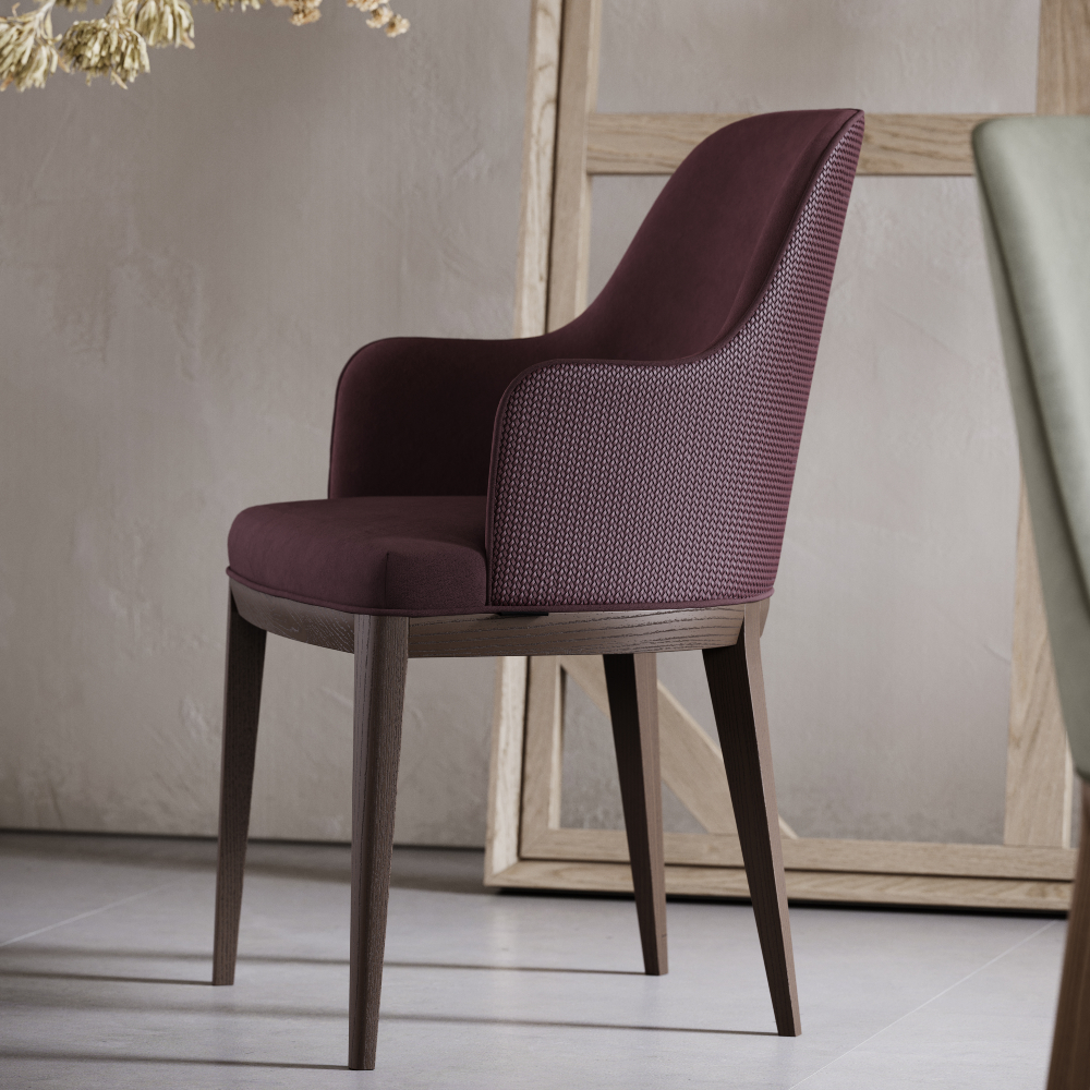 A stylish home office chair with a dark wood frame and a vibrant burgundy upholstered seat.