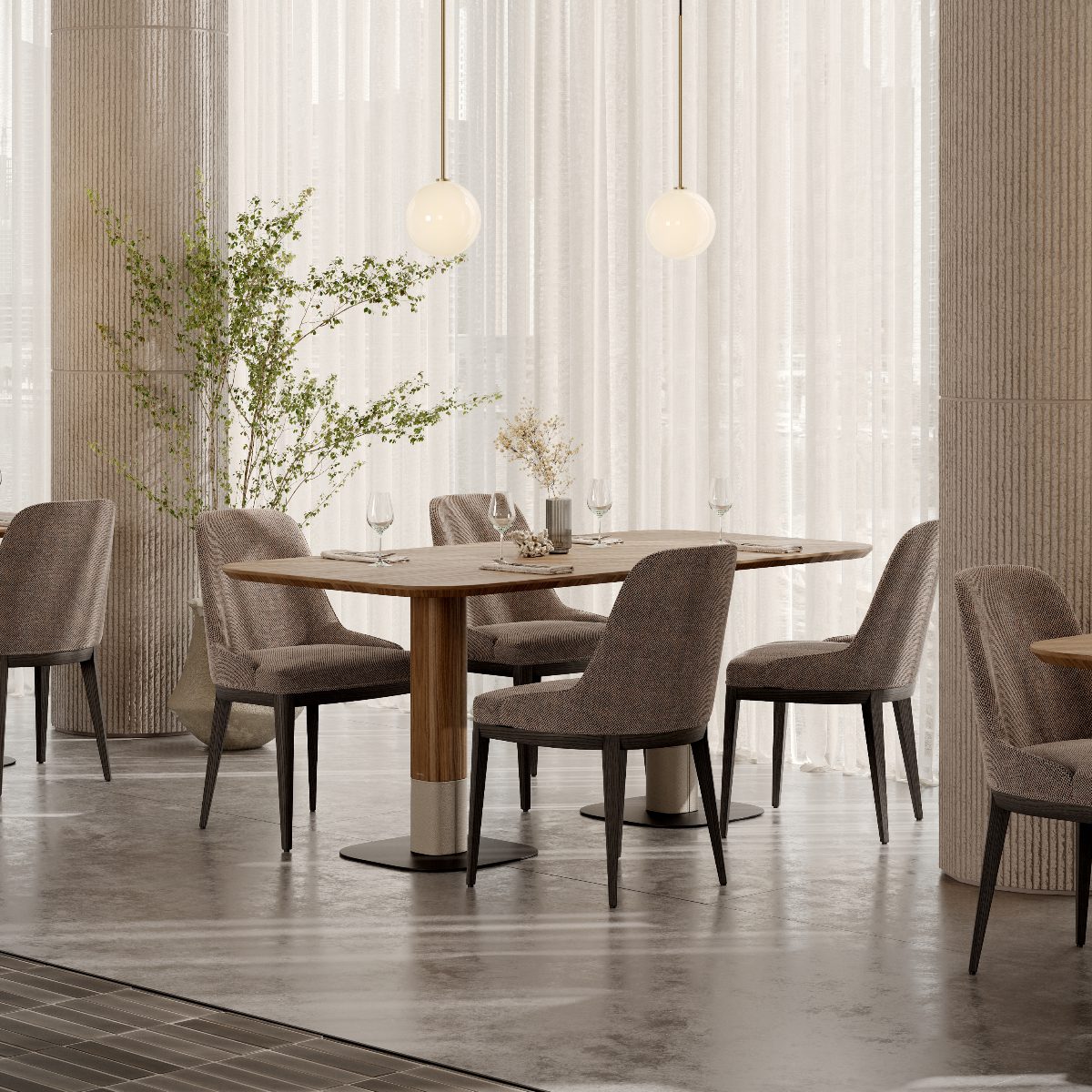 anna dinign chair and adam dining table rectangular Modern restaurtant with a wooden table, six gray upholstered chairs, elegant pendant lights, and a tall plant. Soft natural light filters through sheer curtains.