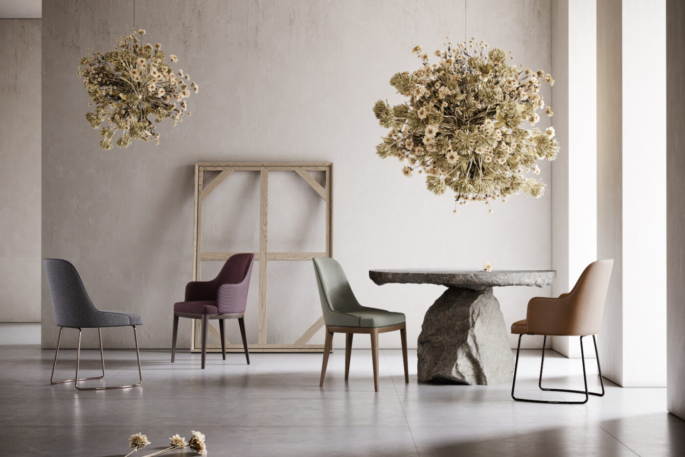 A sleek modern dining room featuring a stylish table surrounded by contemporary chairs. 2025 dining room trends