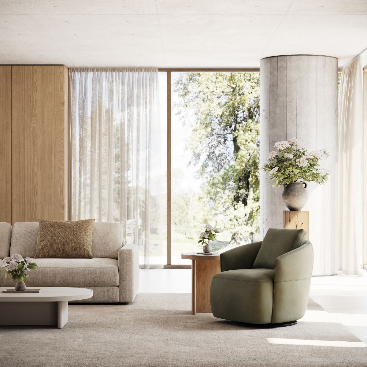 armchairs vs accent chairs by domkapa (10) Contemporary living room showcasing a comfortable sofa, an armchair, and a sleek table, accented by modern decor.