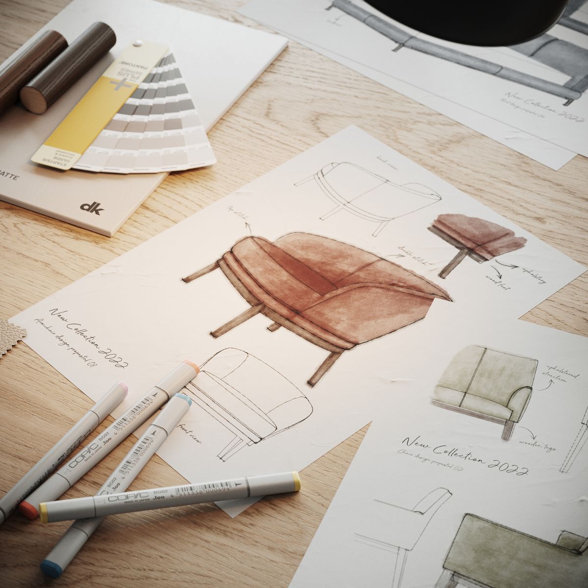 armchairs vs accent chairs by domkapa (11) Sketch of an armchair at a desk, surrounded by an assortment of pens and pencils.