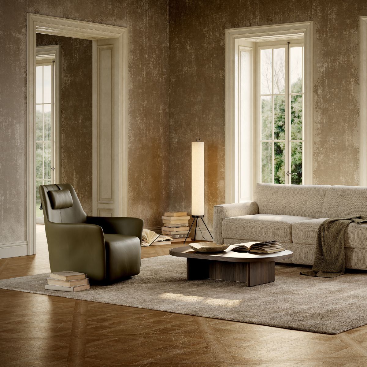 armchairs vs accent chairs by domkapa (7) A stylish living room setup with a comfortable sofa, an armchair and a table, creating an inviting atmosphere.