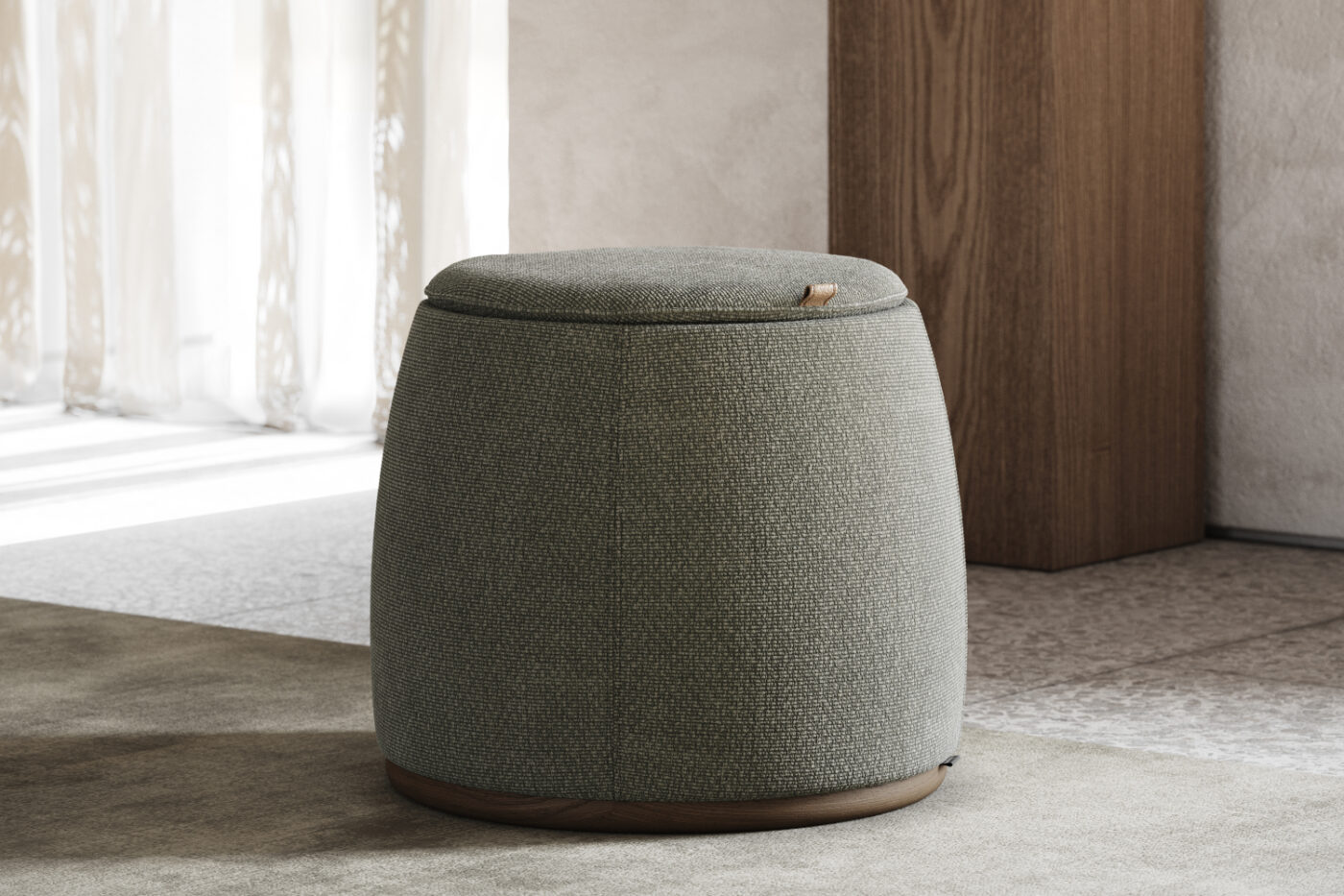 A green-upholstered pouf placed on the floor, highlighting its modern and stylish appearance. 2025 dining room trends.