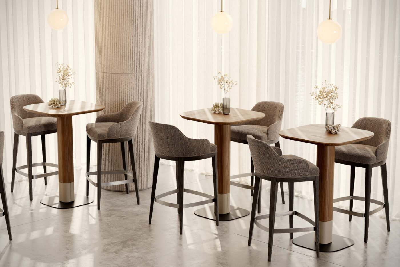 Several chairs and tables set up in a spacious restaurant interior design, inviting for meetings or social gatherings.