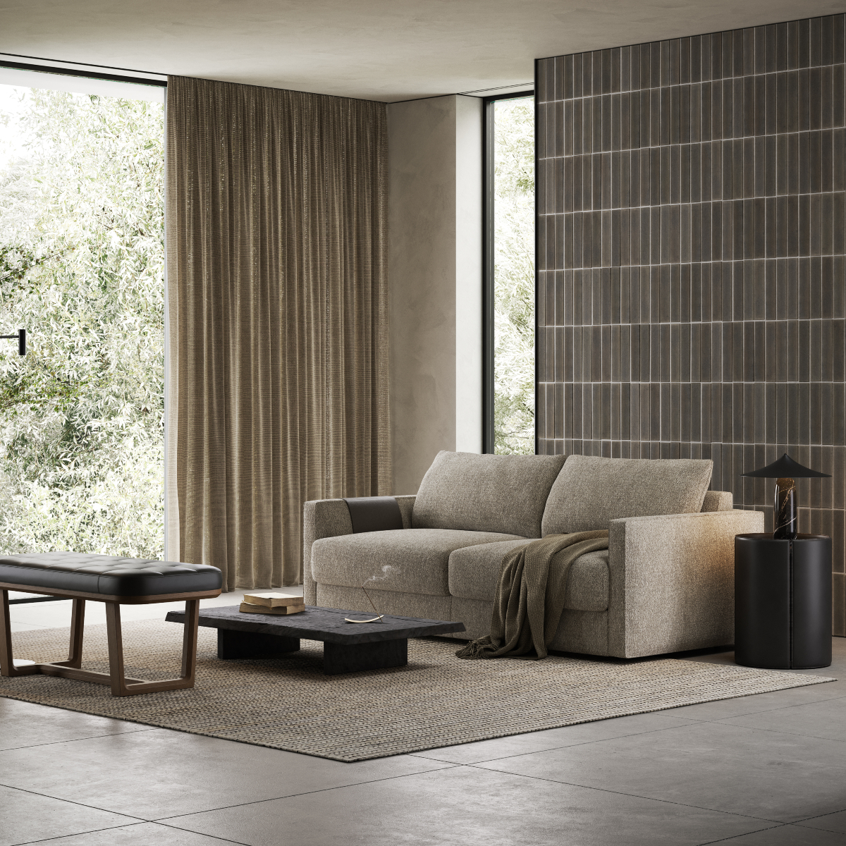 dual-purpose furniture in an office that can turn in a guest room. In neutral dark tones.