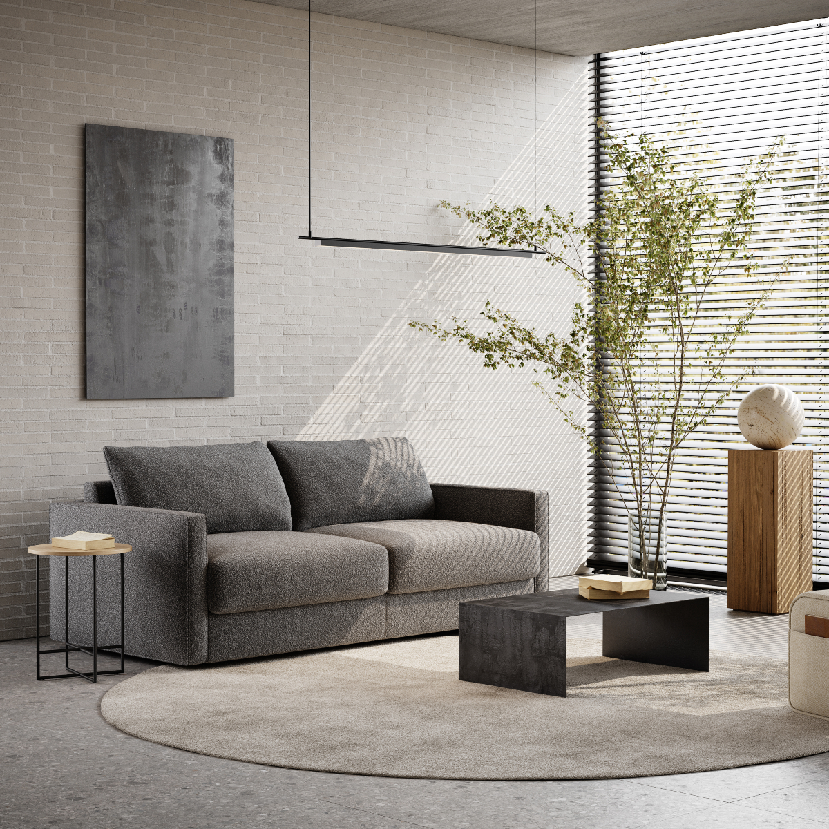A living room scene with a comfortable sofa bed, a small table, and a green plant, enhancing the space's warmth.