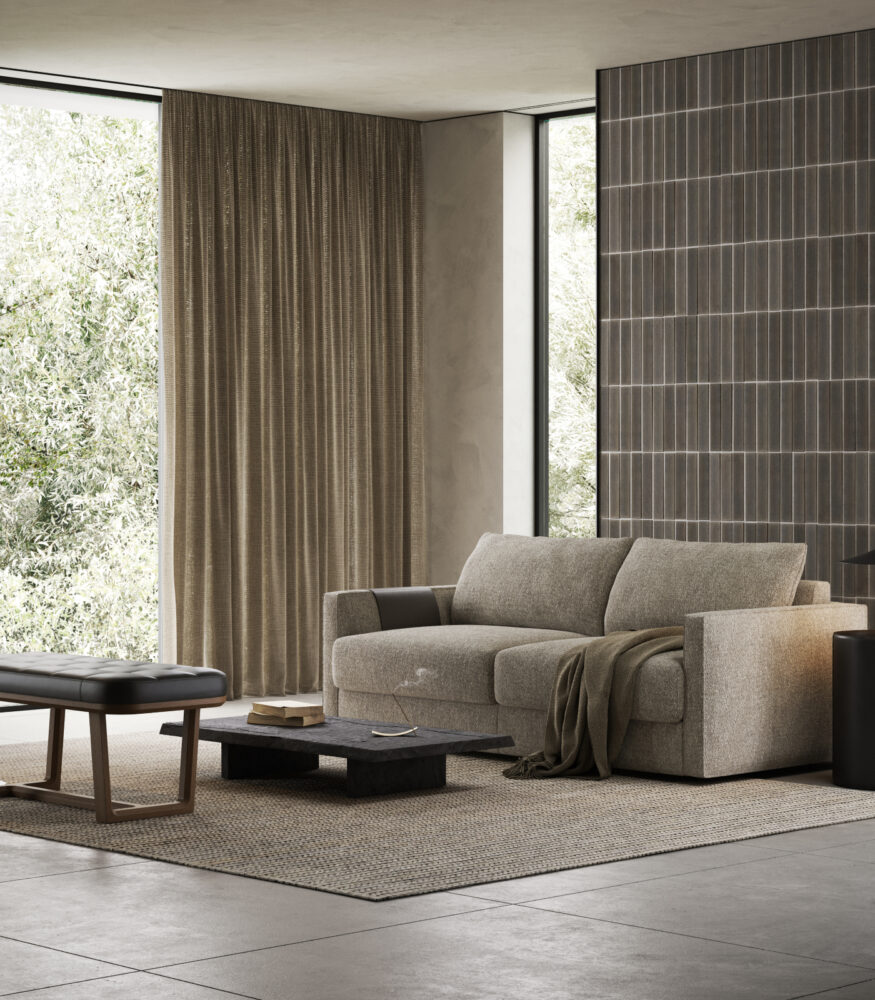 A contemporary living room showcasing a comfy sofa bed, a chic coffee table, and a bright window for a welcoming vibe.