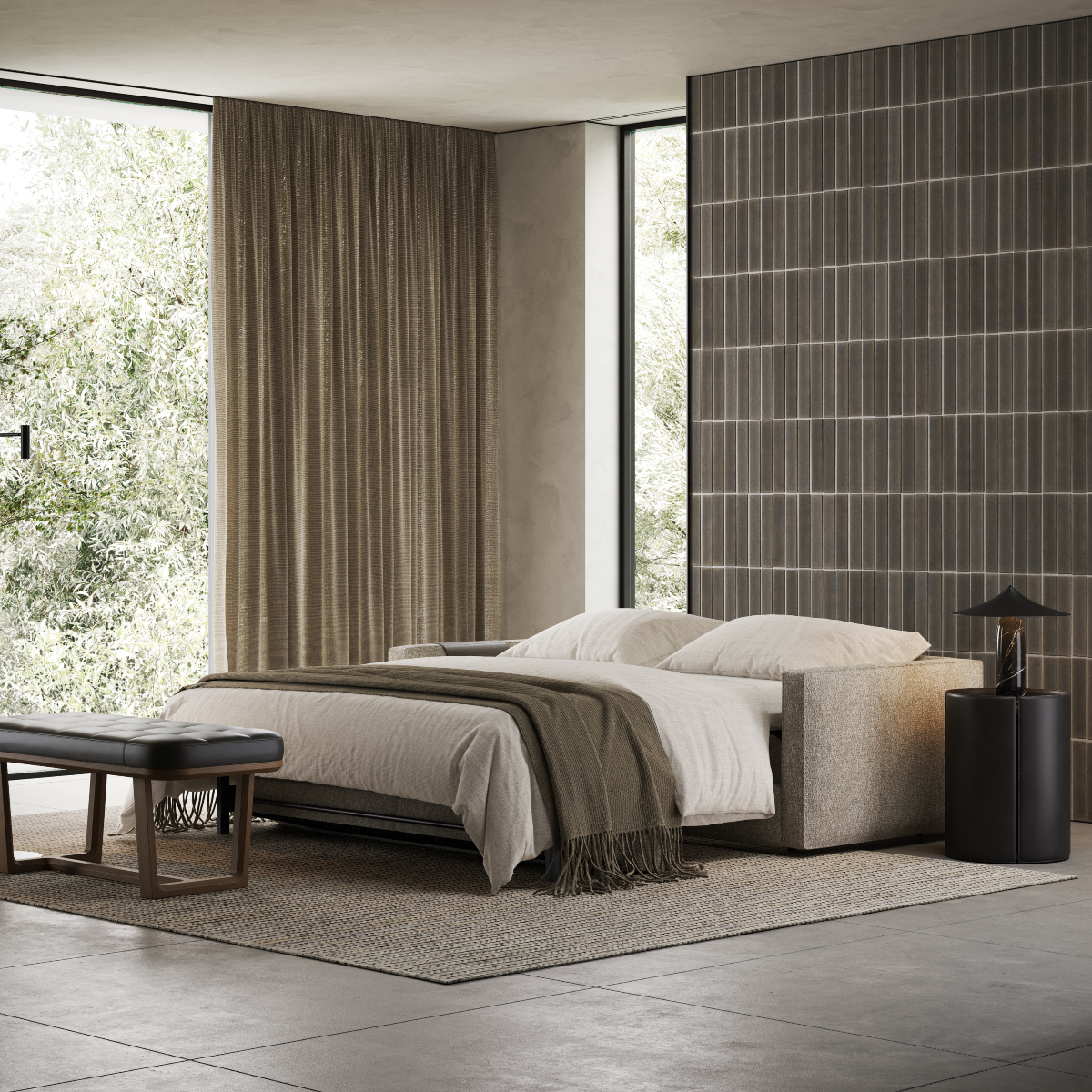 dual-purpose furniture in an office that can turn in a guest room. In neutral dark tones. The sofa bed is open.