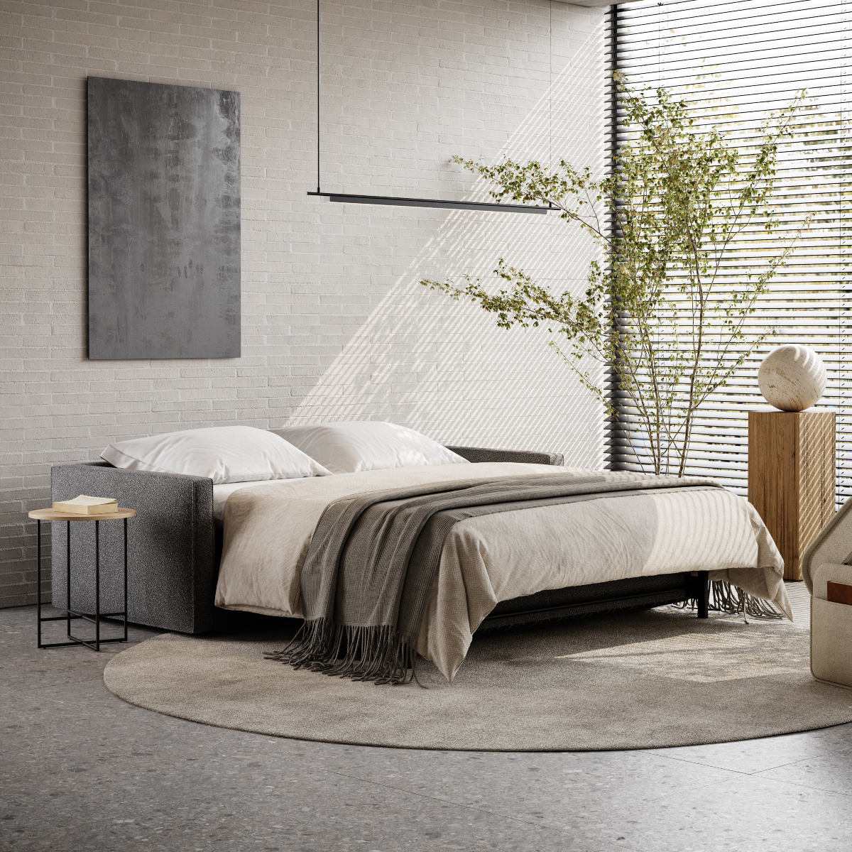 A well-furnished living room with a sofa bed, a comfortable pouf, a lamp for lighting, and a green plant for decoration.