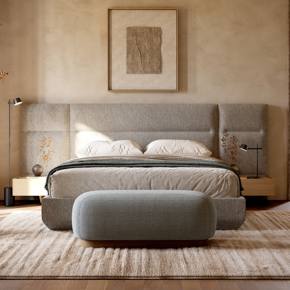 Contemporary bedroom showcasing a modular bed, an bench, and a plush rug, creating a cosy atmosphere.