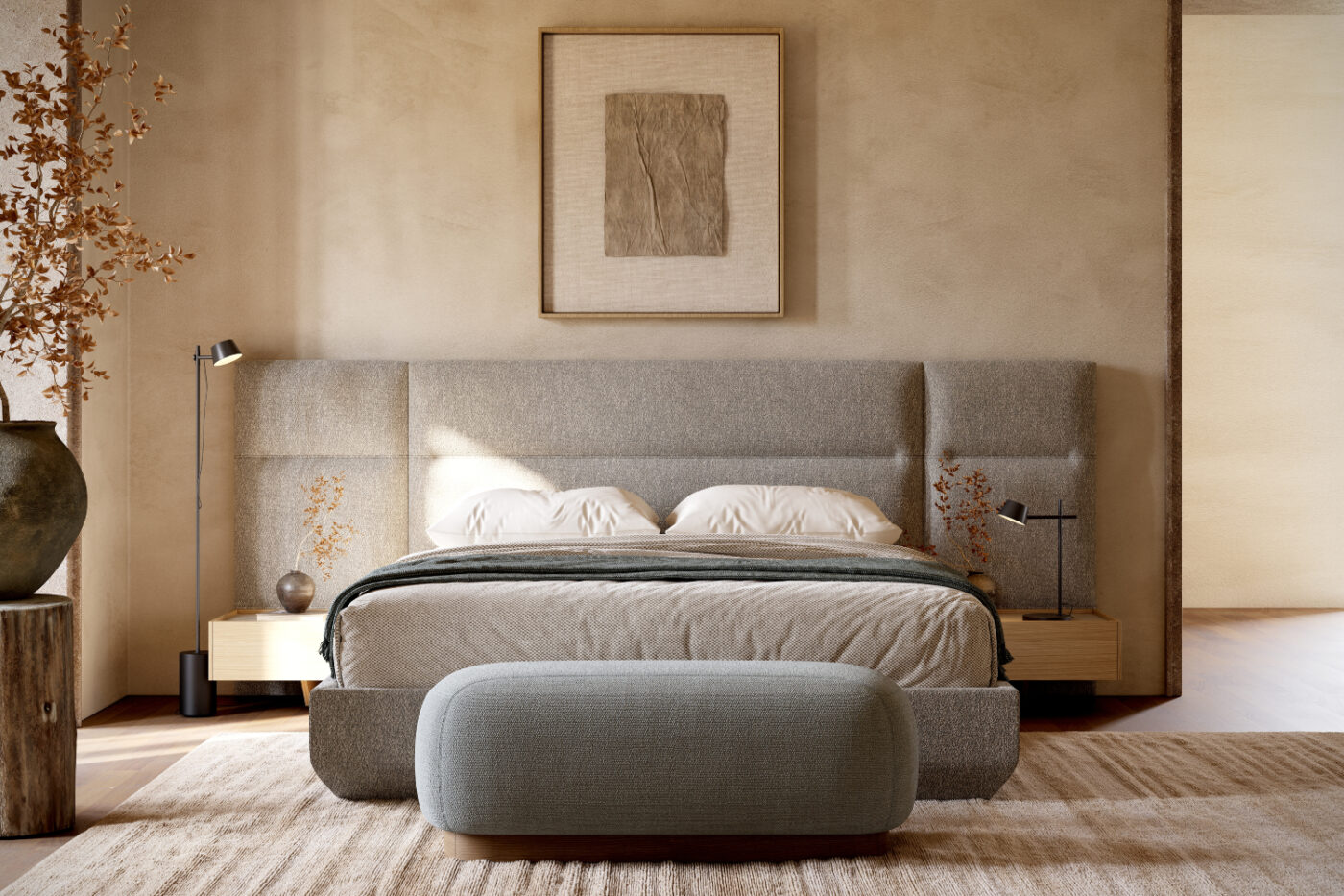 bedroom with francis bed and claire bench A cosy bed with a prominent headboard and a footstool, creating a comfortable and inviting sleeping area. Feng shui bedroom