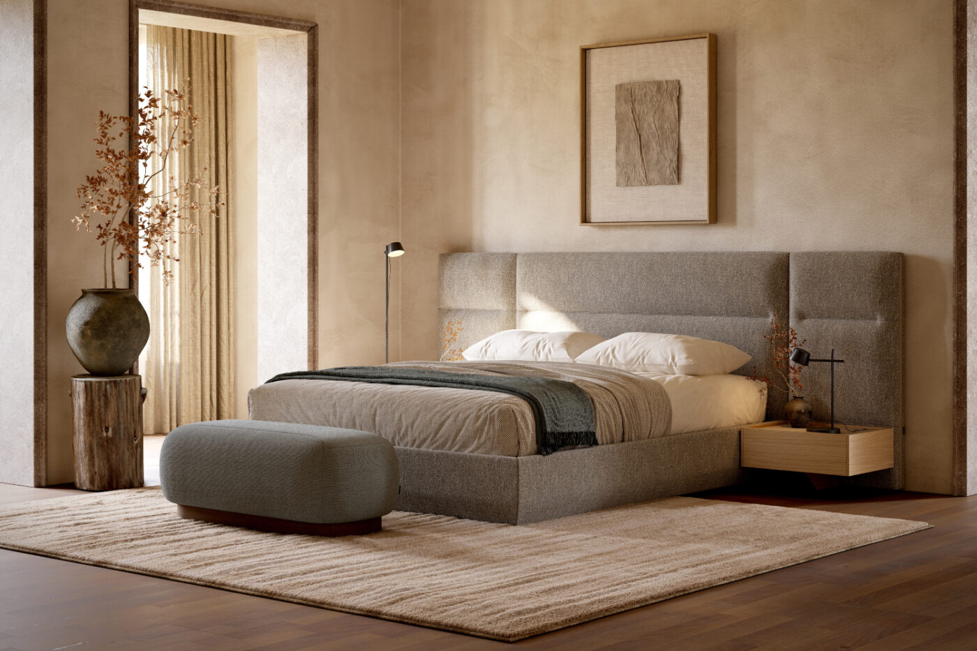 A well-furnished bedroom showcasing a modular bed, a bench and a decorative rug, emphasising comfort and style. Room by room design.