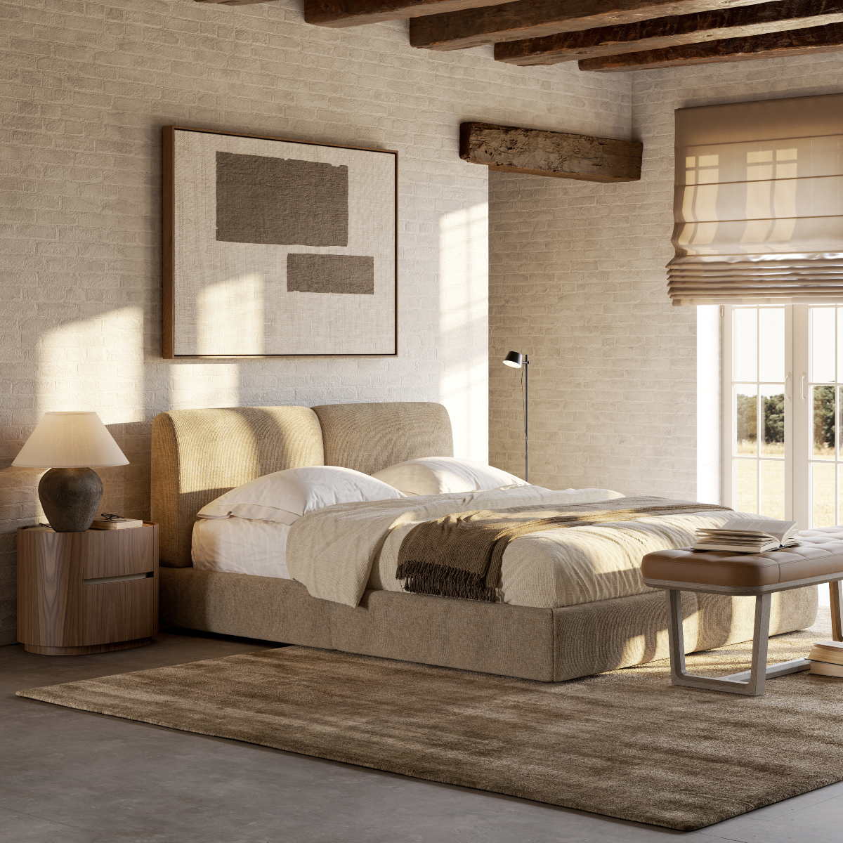 A bright bedroom showcasing an upholstered bed, a bench, and a window that illuminates the space. Natural Design.