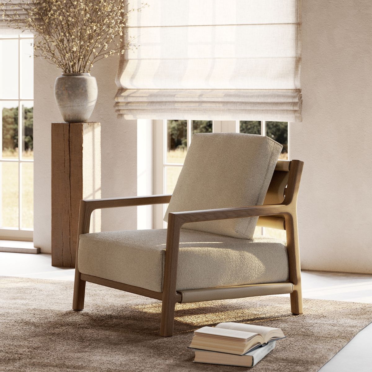 blog article about chocolate brown upholstery by domkapa (11) An armchair in a well-lit room, complemented by a window and a bookshelf filled with various books.