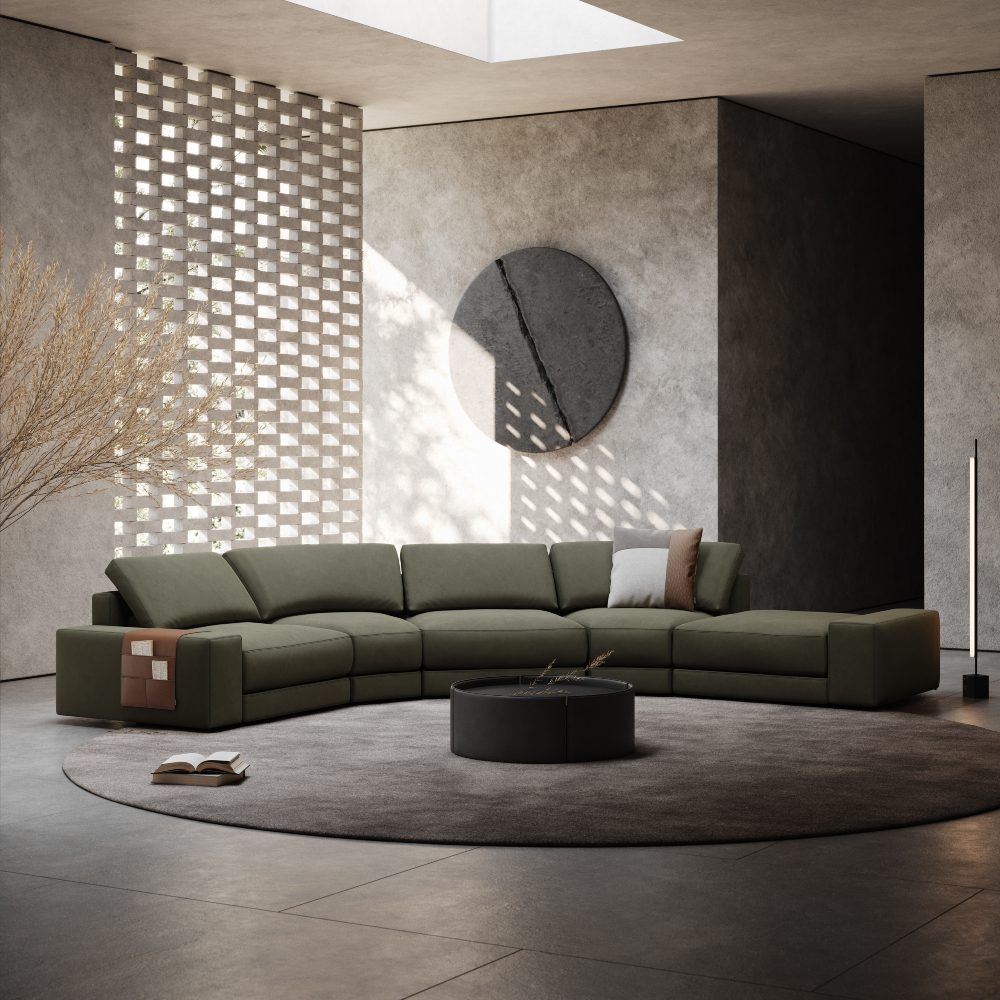 blog article about hybrid living by domkapa (2) A modern living room featuring a spacious modular sofa, stylish decor, and large windows allowing natural light.