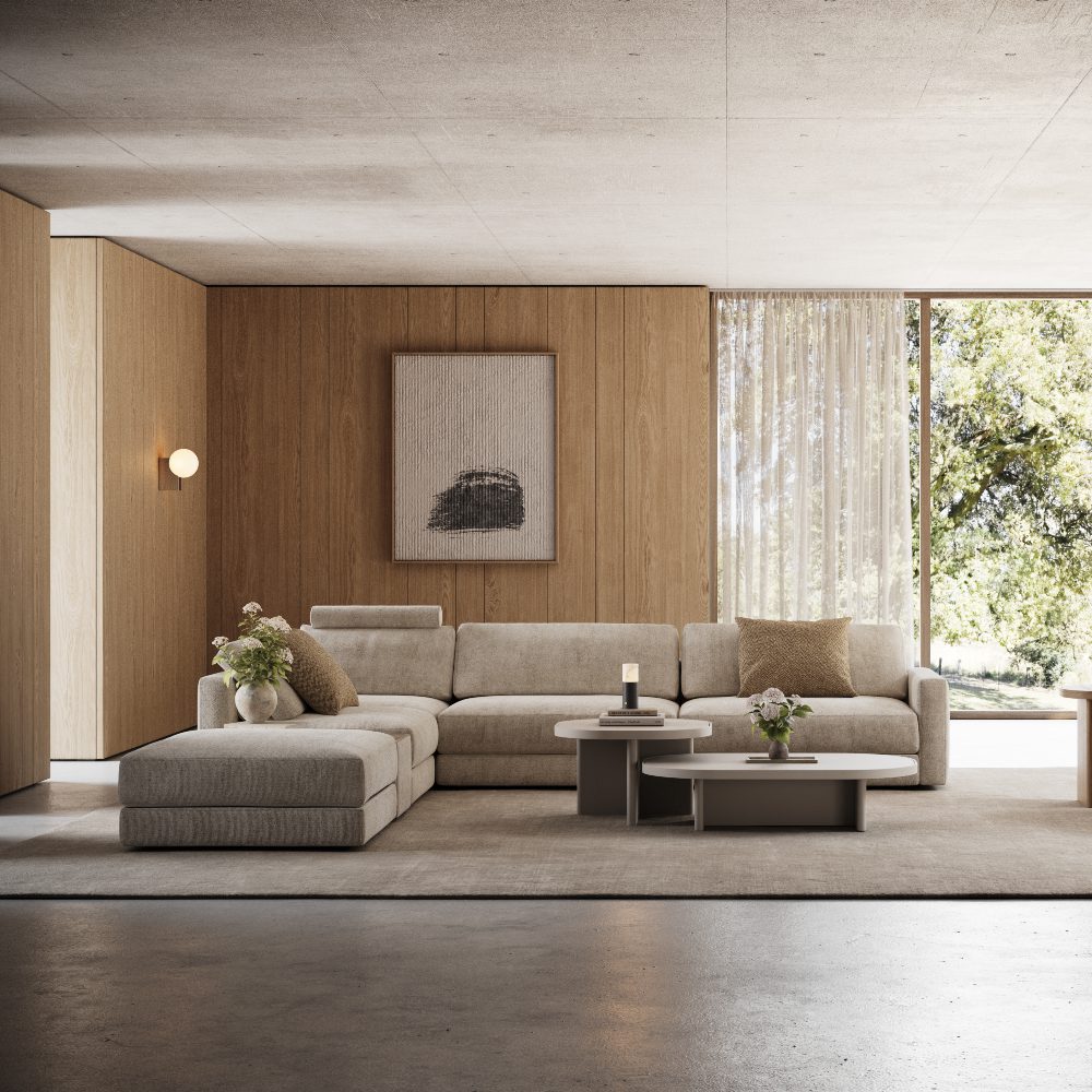 blog article about hybrid living by domkapa Stylish living room adorned with wooden paneling and a modular sofa, emphasising modern design and comfort.