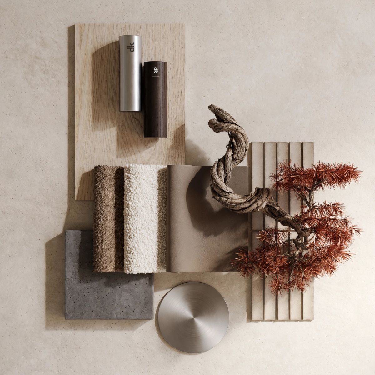 blog article about midiminimalism (1) Midiminimalism moodboard wih fabric swatches in neutral colours, wood and metal swatches and a japandi plant.