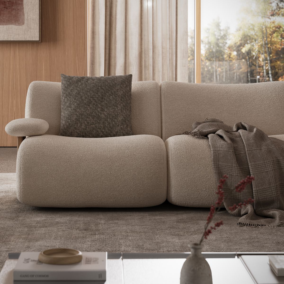 blog article about midiminimalism (3) Living room with a modular sofa with round proportions.
