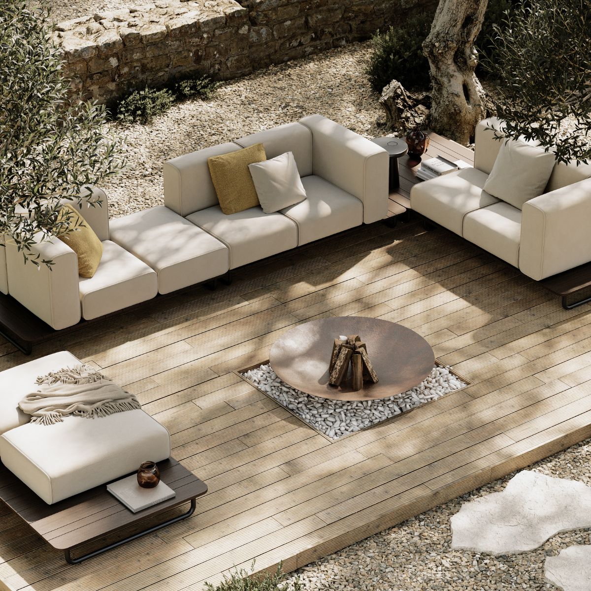 blog article about outdoor upholstery by domkapa (4) Contemporary outdoor furniture arrangement on a wooden deck, showcasing a table and seating area amidst natural surroundings.
