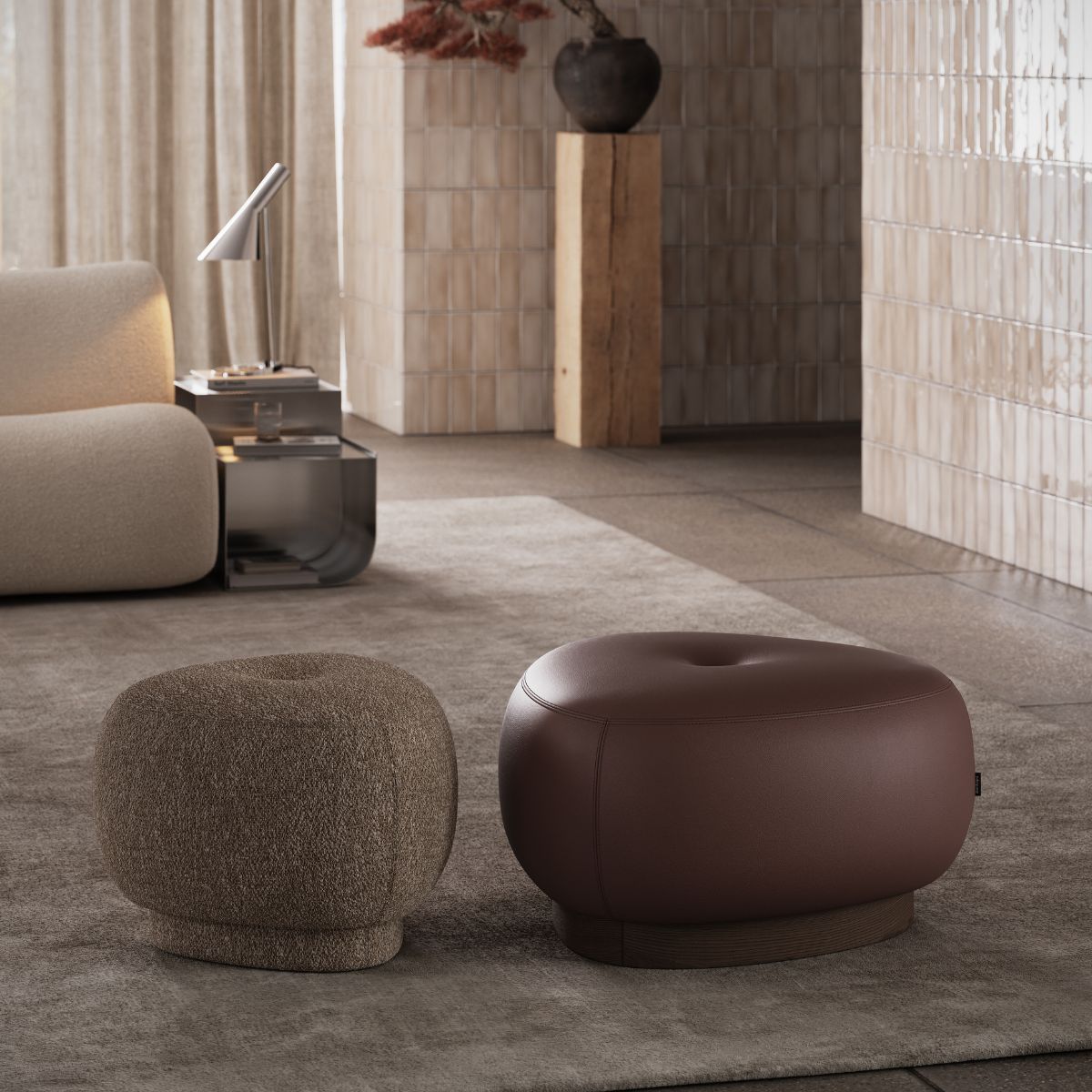 blog article about the end of summer refresh (3) A cosy living room featuring a comfortable sofa, two pouffs and a stylish coffee table. End-of-summer interior refresh