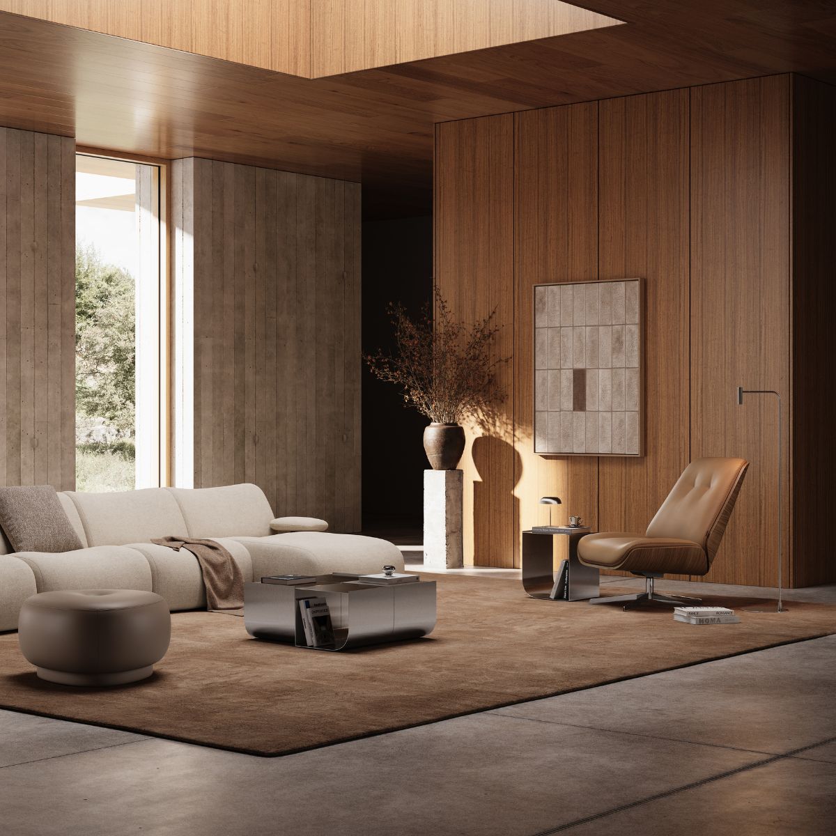 blog article about the end of summer refresh (7) A contemporary living room showcasing a prominent wooden wall, complemented by modern furnishings and decor.
