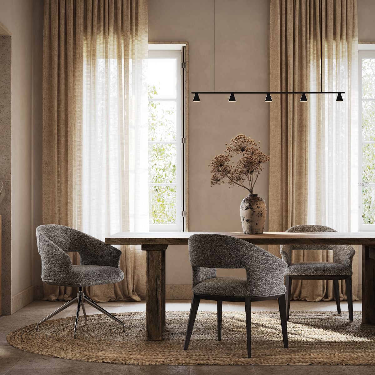 blog article about the hybrid living An elegant dining room with a dining table and four upholstered chairs, complemented by ambient lighting and decor.