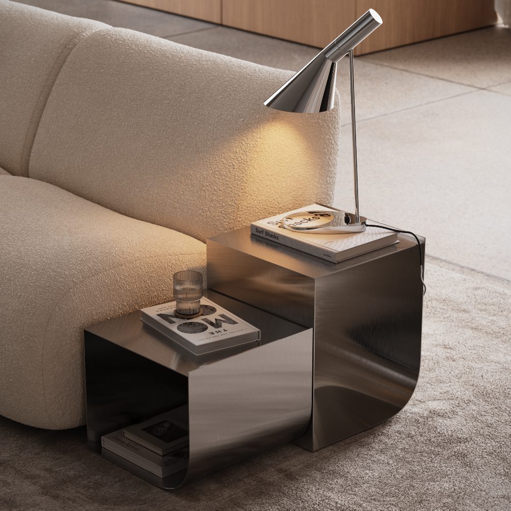 blog article by domkapa about hybrid living (2) A modern side table featuring a stylish lamp, showcasing contemporary design and functionality. Hybrid living