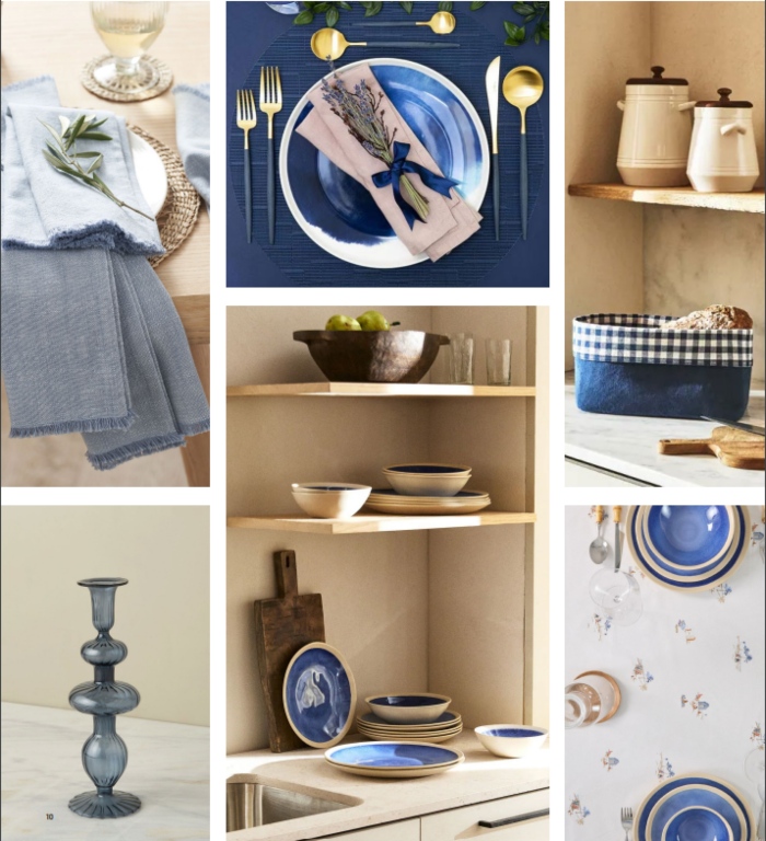 Table setting essentials in blue tones - Napkins, plates, candles.