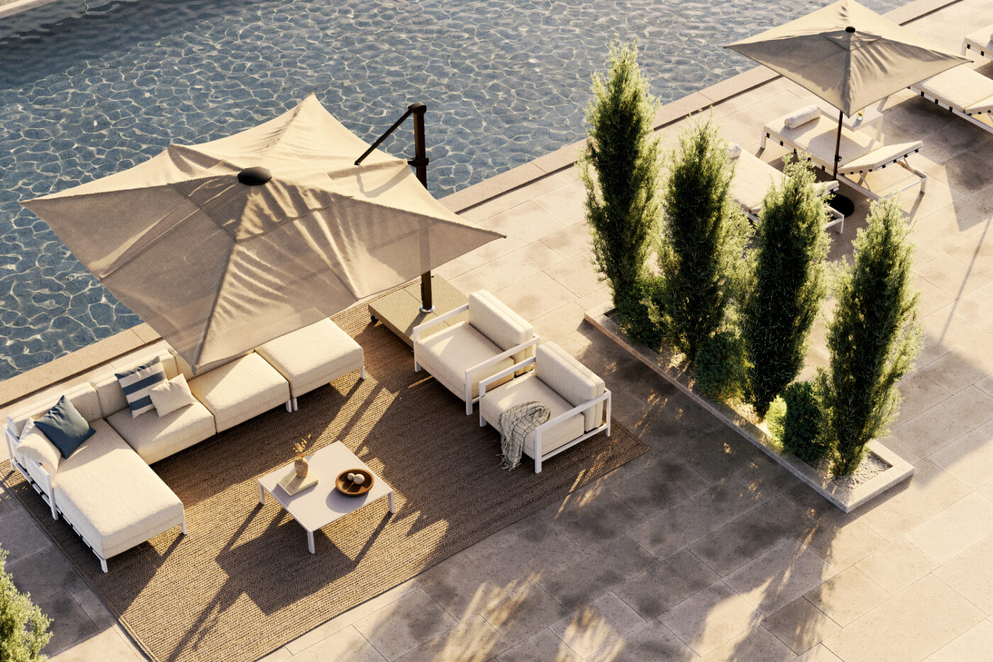 A sunny patio featuring a pool and a cosy lounge area with chairs and tables for relaxation. Outdoor furniture care guide.