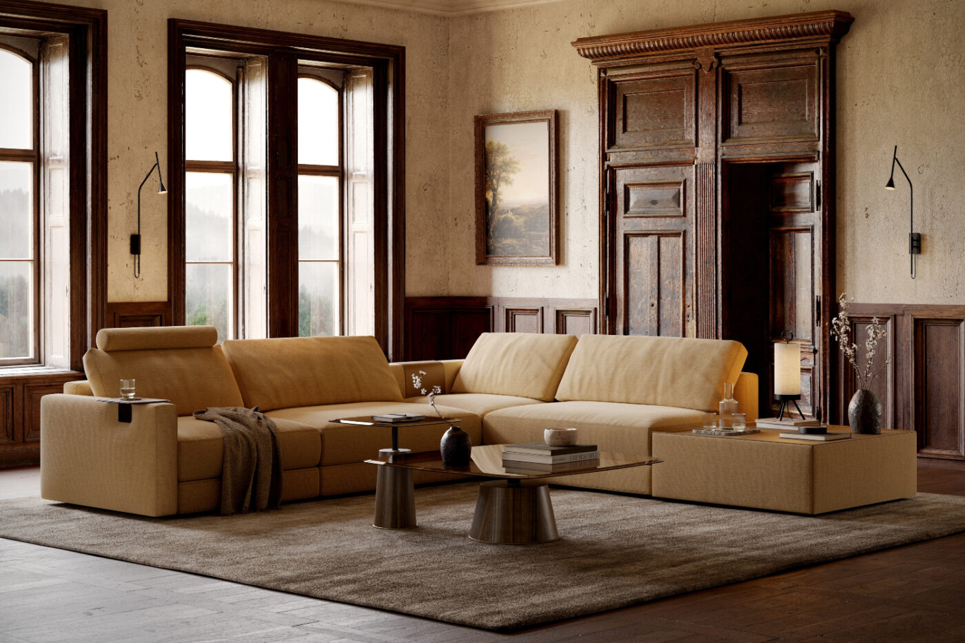 A welcoming living room showcasing a soft modular sofa and a coffee table with side table. Matching the brown interiors trend.