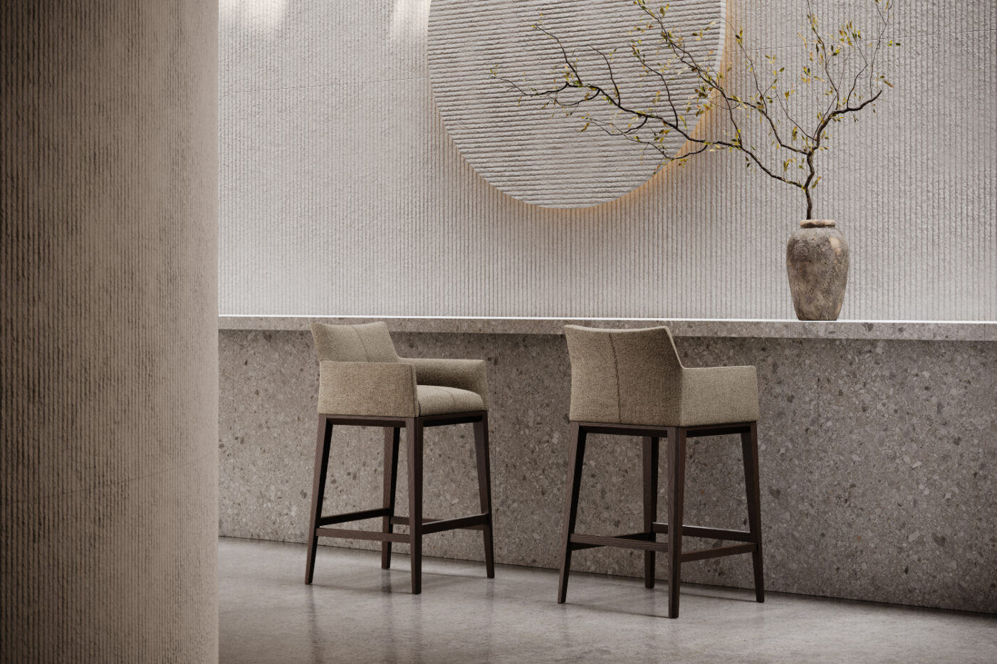 Two chairs resting on a counter, with a selection of types of lines on the background, creating an interesting visual contrast in the space.