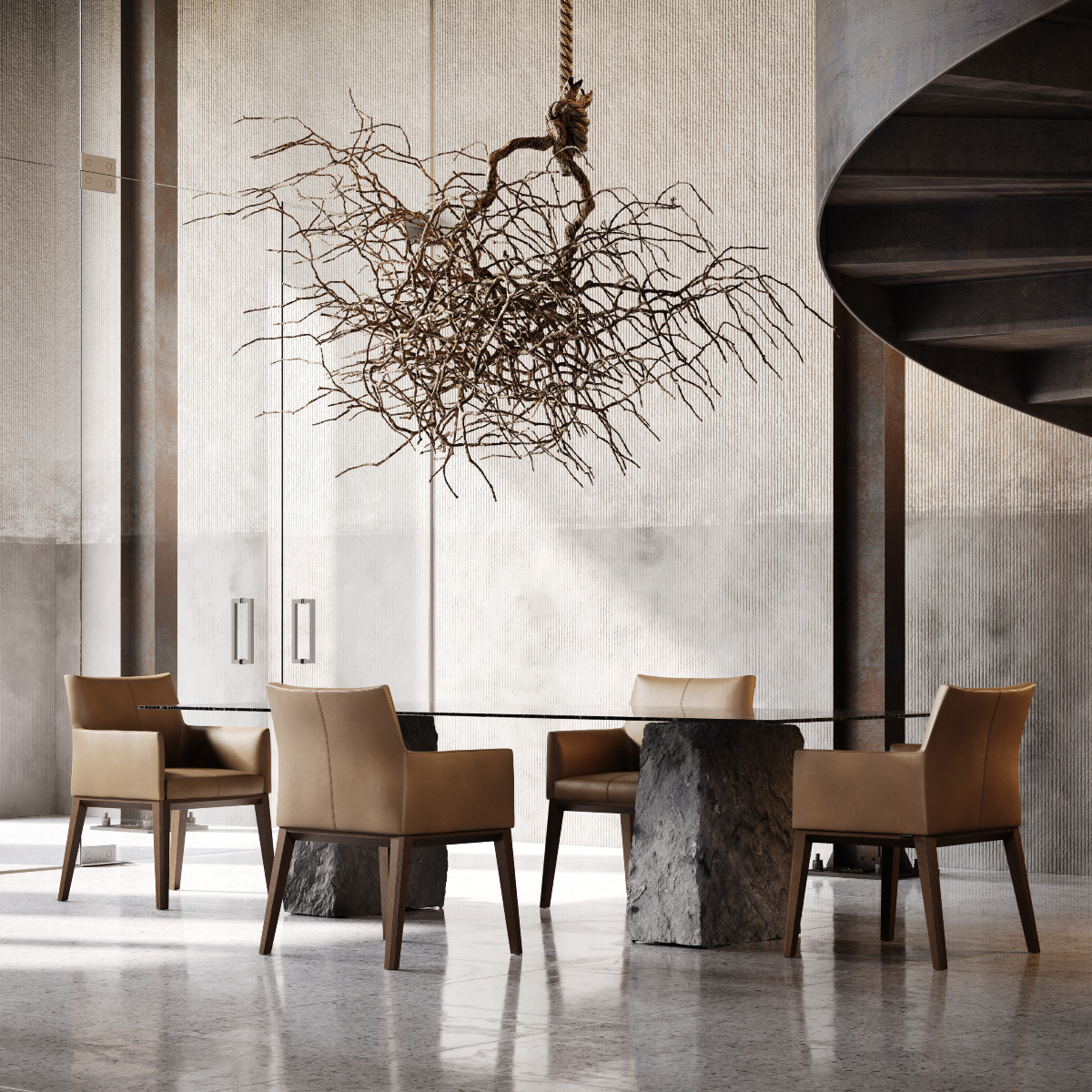 A dining table surrounded by chairs, set in a room with an elegant spiral staircase.