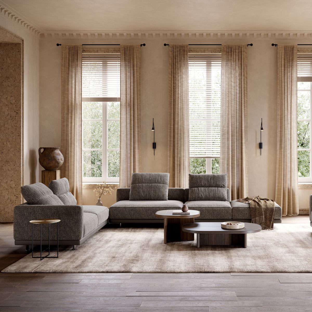 choose the perfect Domkapa sofa (6) Luxurious living room with a grey modular sofa, modern round tables, and large windows with sheer curtains. Earthy tones create a cosy, elegant ambiance.