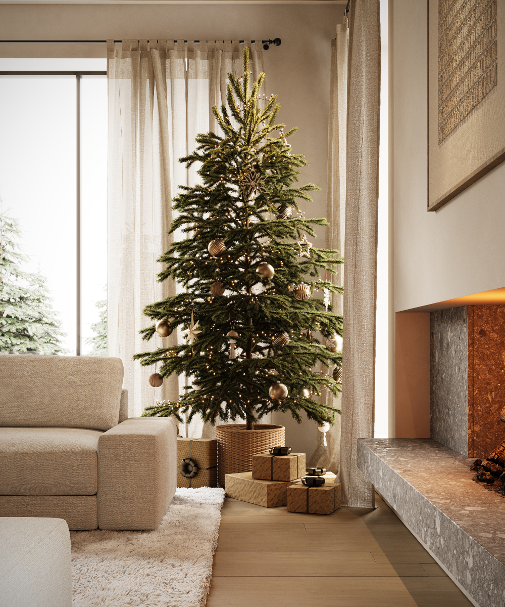 christmas tree in a domkapa living room A festive living room with a beautifully adorned Christmas tree and a crackling fireplace, inviting warmth and cheer.