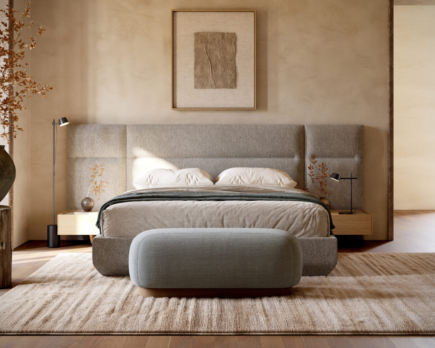 A serene bedroom scene with an inviting bed, a bench and a warm lamp casting light across the room.