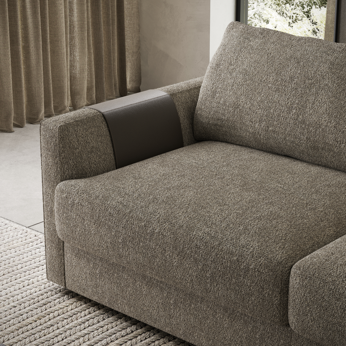 A contemporary sofa bed with a prominent brown leather magazine racks, adding elegance to the seating area.