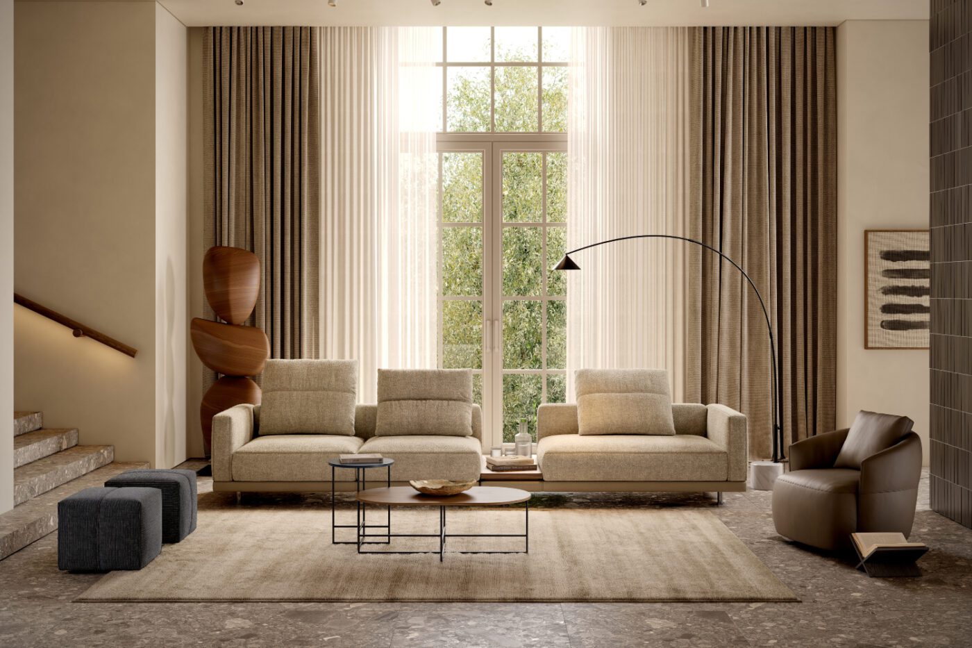 contemporary style and domkapa A contemporary living room showcasing a sofa, an armchair and a lamp, emphasising comfort and contemporary design. Interior design styles guide.