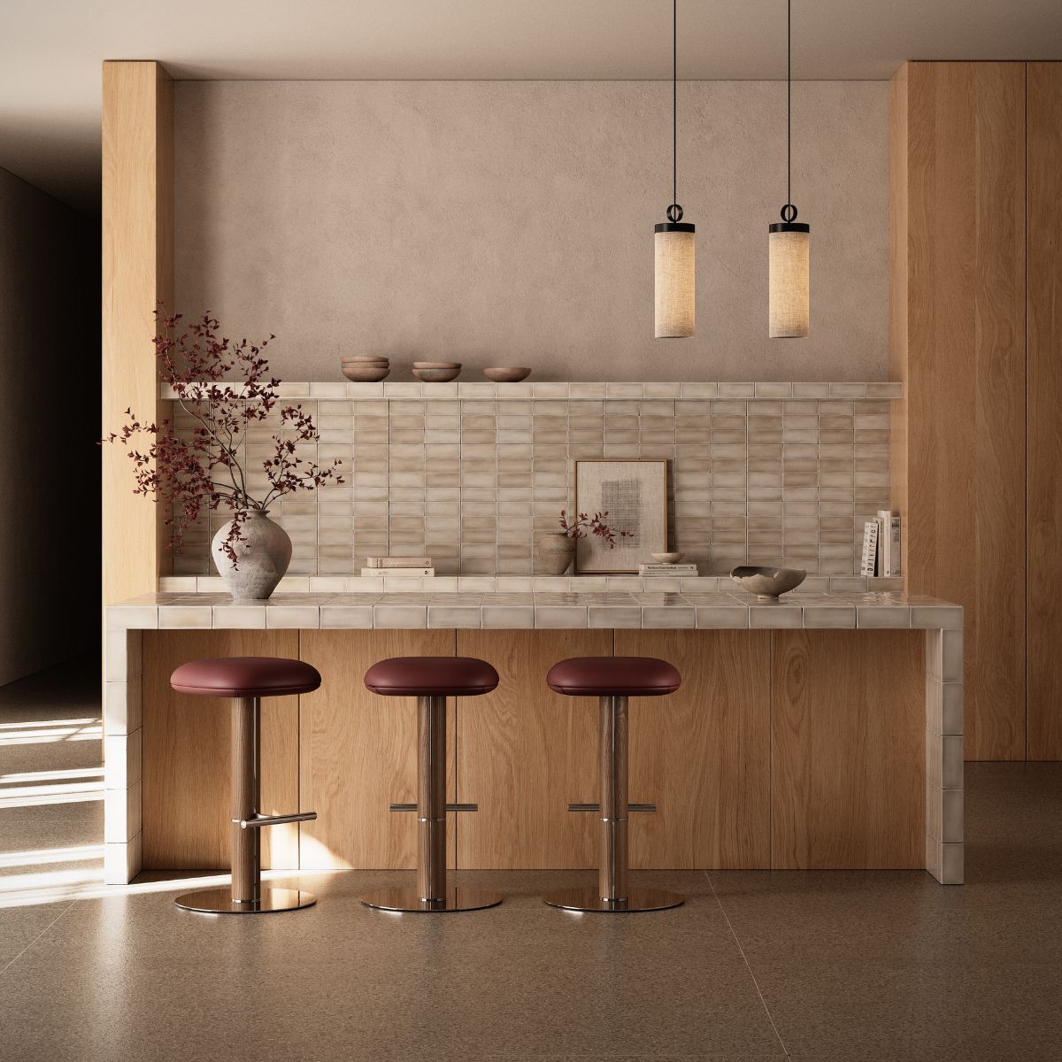contemporary style by domkapa (3) A contemporary kitchen with a polished marble countertop and three elegant stools positioned nearby.