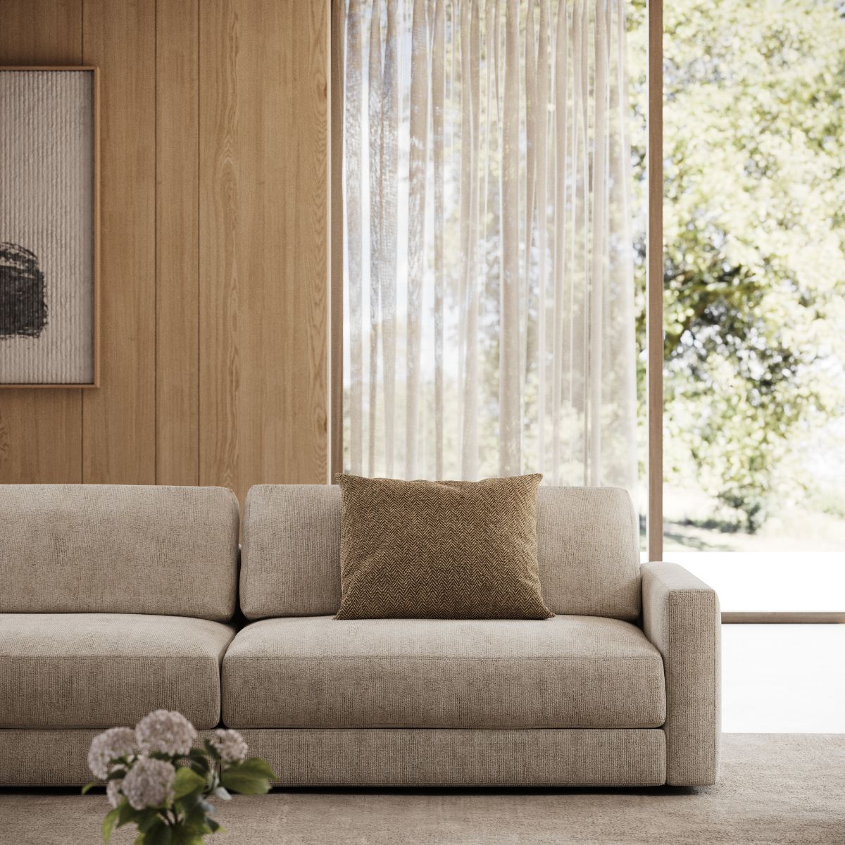 contemporary style by domkapa (4) A modern living room with a soft couch and a beautifully arranged vase on display.