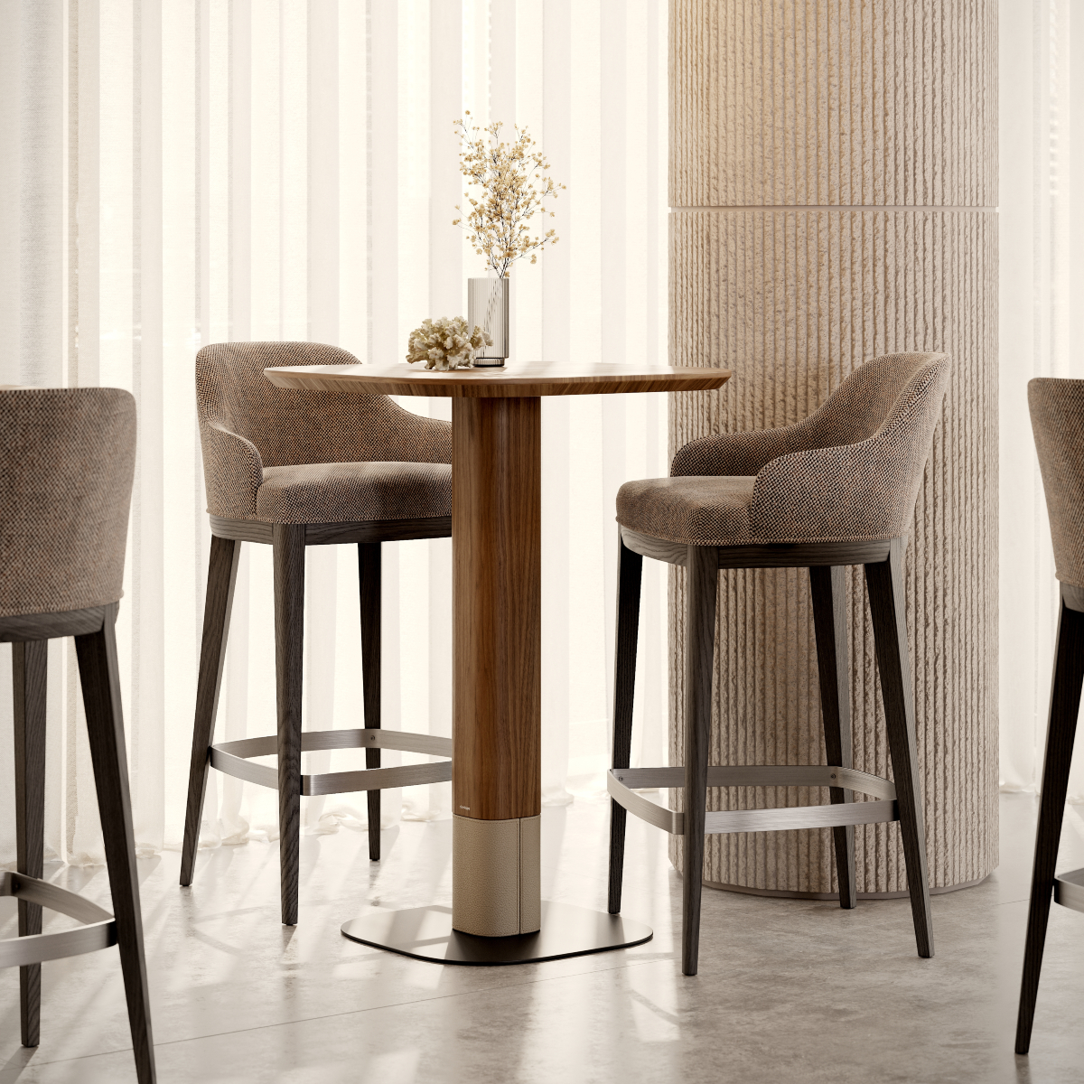 A bar setting featuring two bar chairs and a bar table, creating an inviting space for conversation. Custom-made furniture options.