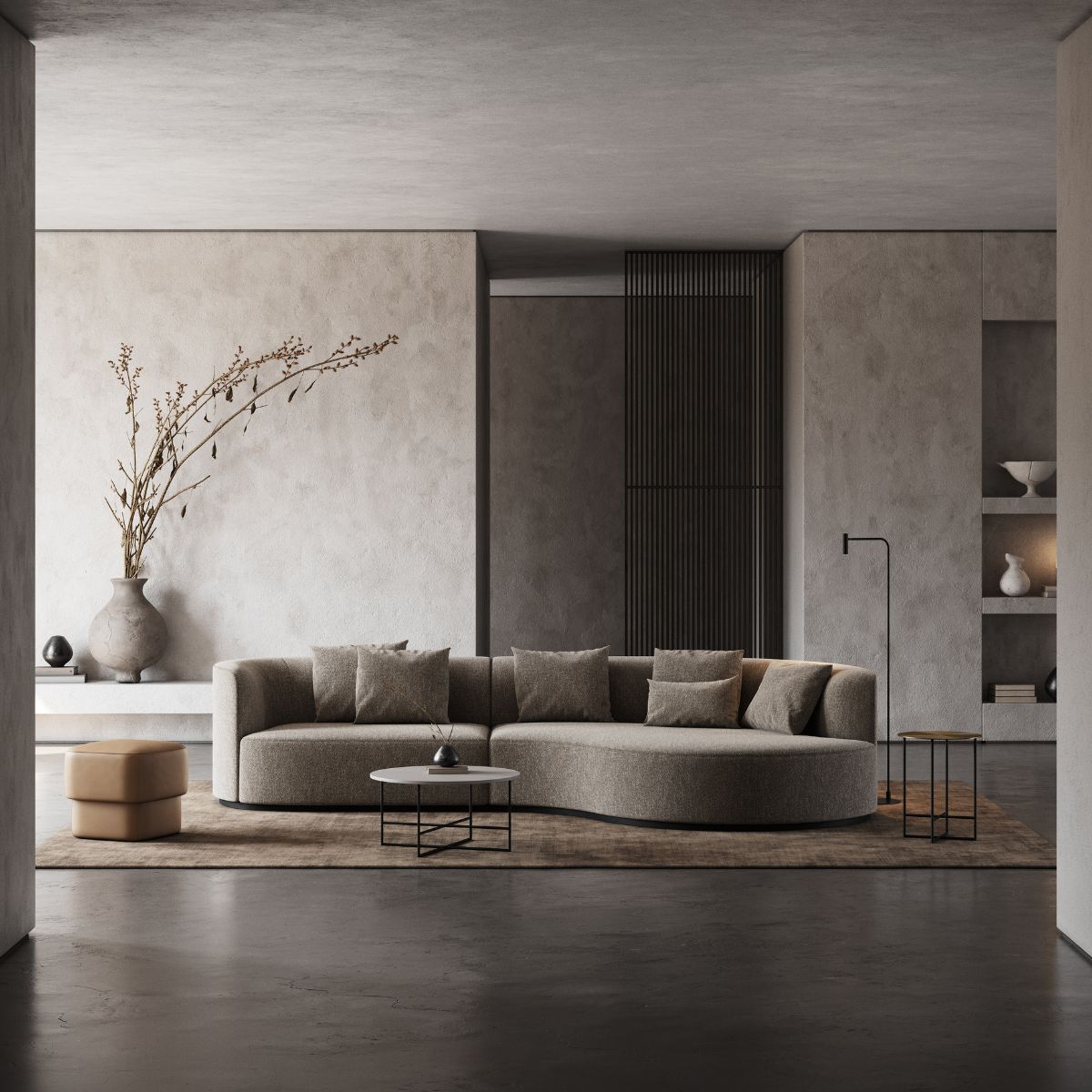 curves or clean lines by domkapa (11) Spacious modern living room showcasing a large sofa and a coffee table, complemented by elegant decor and soft lighting.