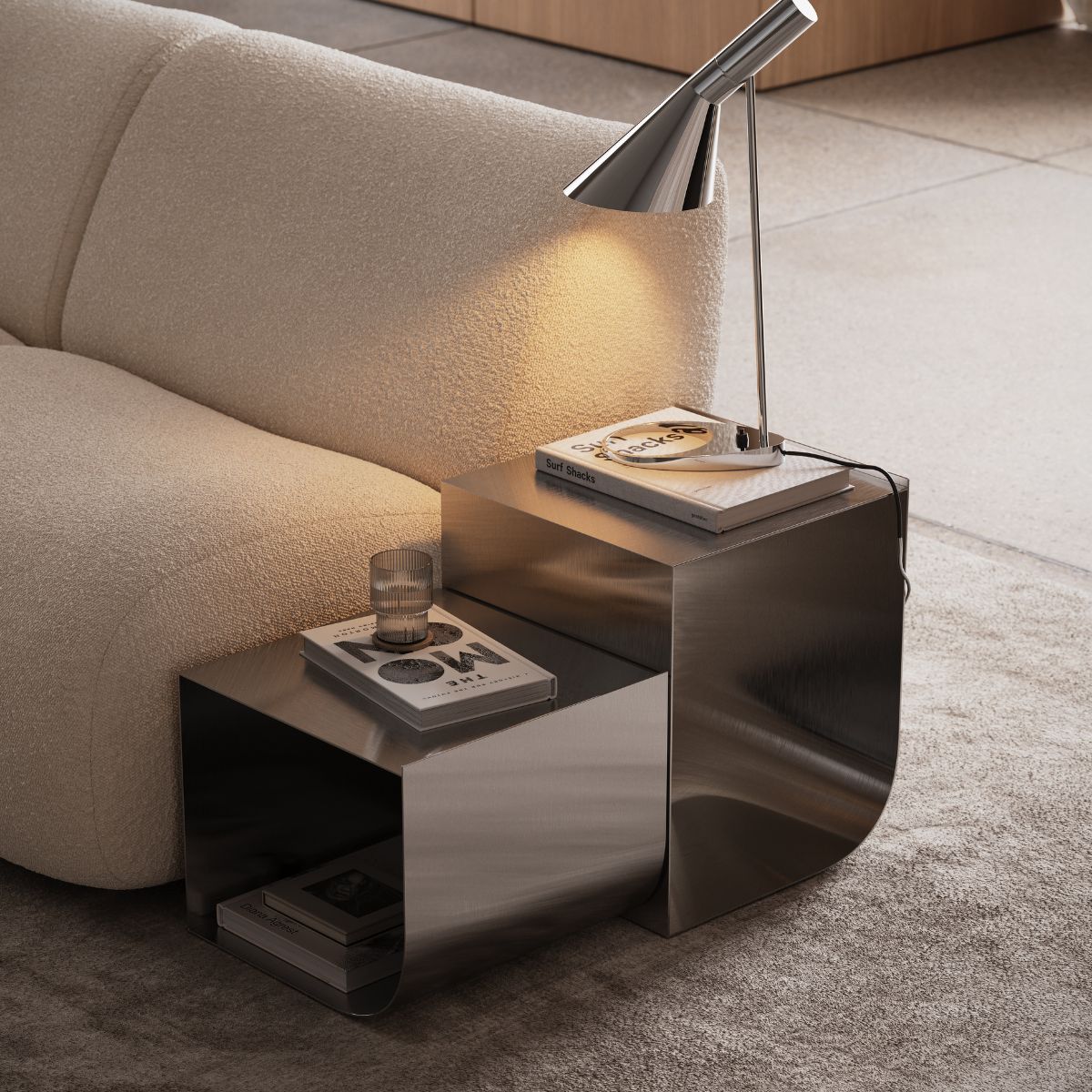 curves or clean lines by domkapa (7) A minimalist side table with a chic lamp, illustrating a blend of elegance and practicality in home decor.