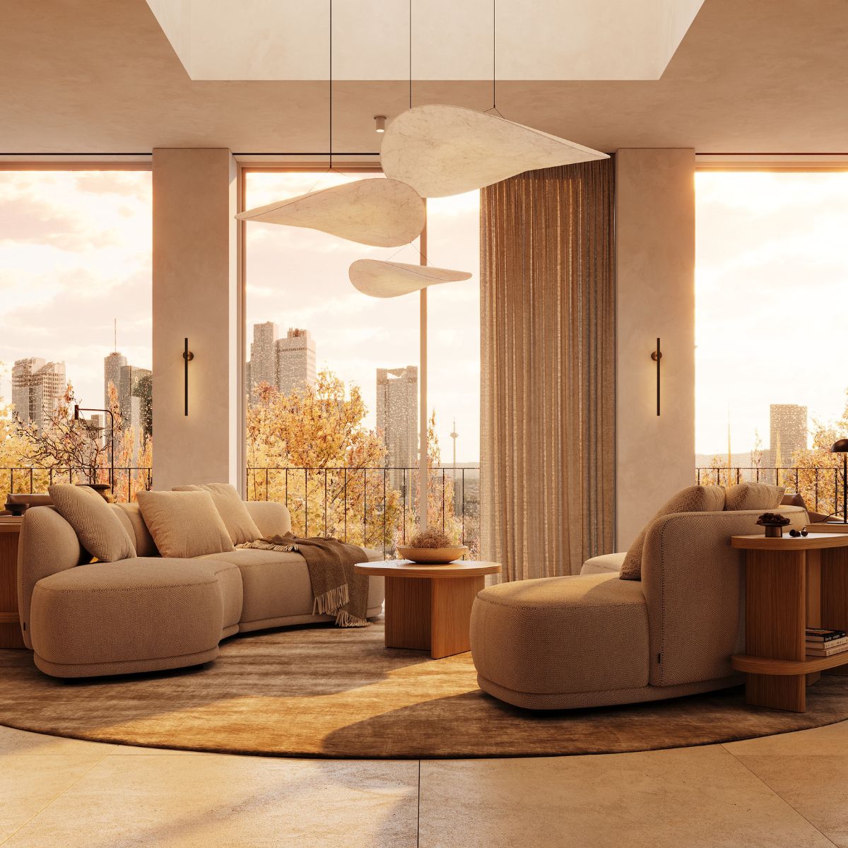 danish interior design (10) Luxurious living room featuring beige, rounded sofas, a wooden coffee table, and abstract ceiling lights. Large windows reveal an autumn cityscape. Warm, cosy ambiance.