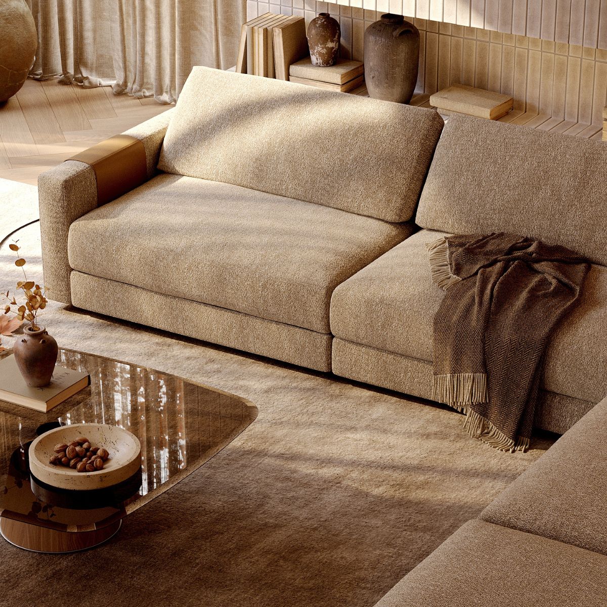 danish interior design (11) A cosy living room with a beige sofa, draped with a brown throw, bathed in warm sunlight. Earth-tone vases and books adorn the shelf, creating a calm atmosphere. Danish interior design