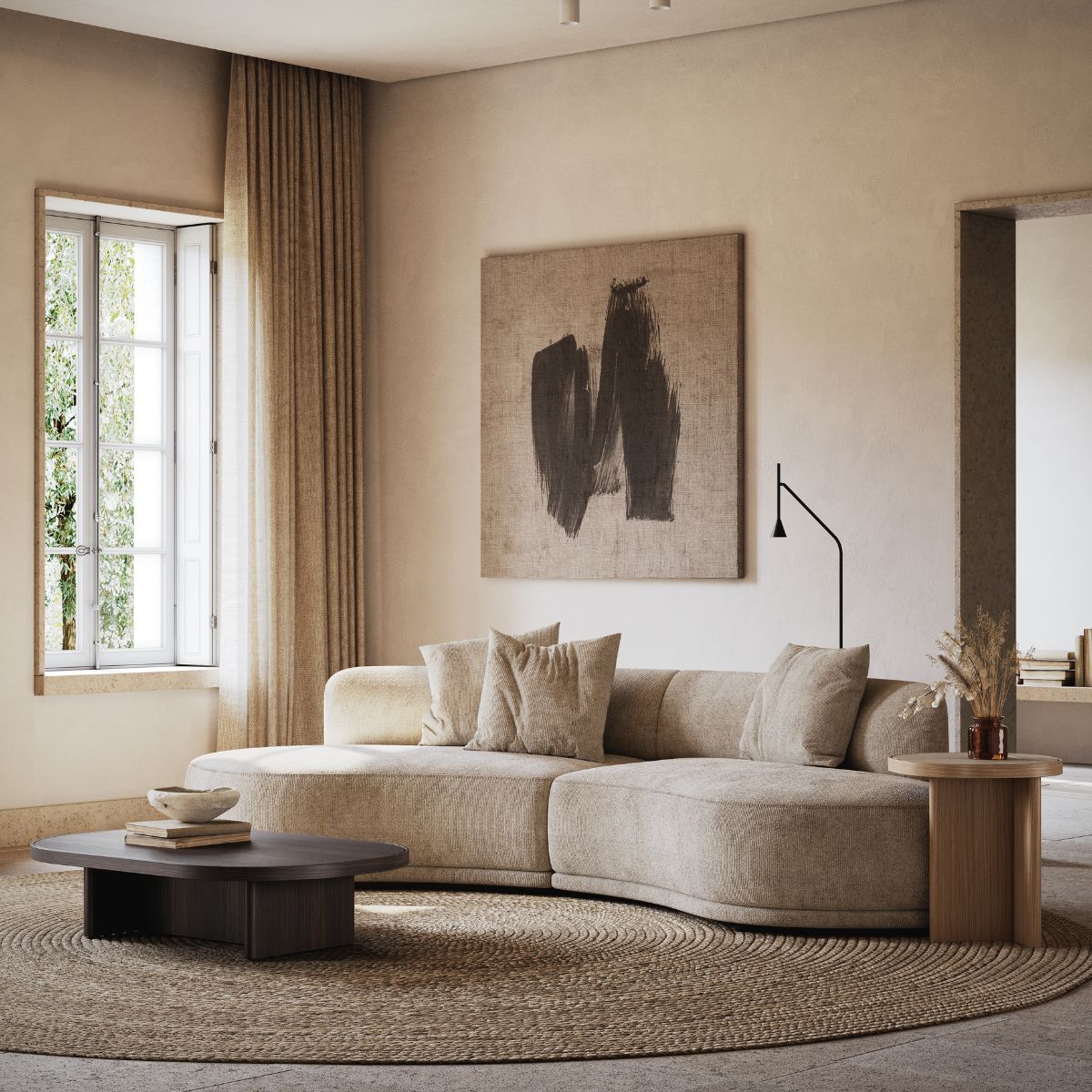 danish interior design (4) Stylish modern living room with a beige curved modular sofa, abstract wall art, round jute rug, and natural light from a window, creating a calm ambiance. Danish interior design