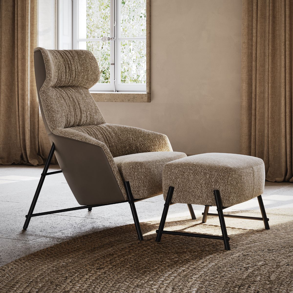 danish interior design (6) An high-end high-backed armchair with matching ottoman in textured beige fabric, set in a softly lit room with beige walls, curtains, and a window view.